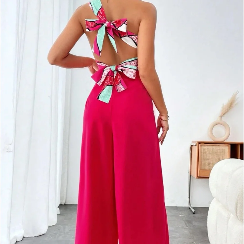 Frenchy Color Block One-Shoulder Slim Fit Top And Loose Wide Leg Pants